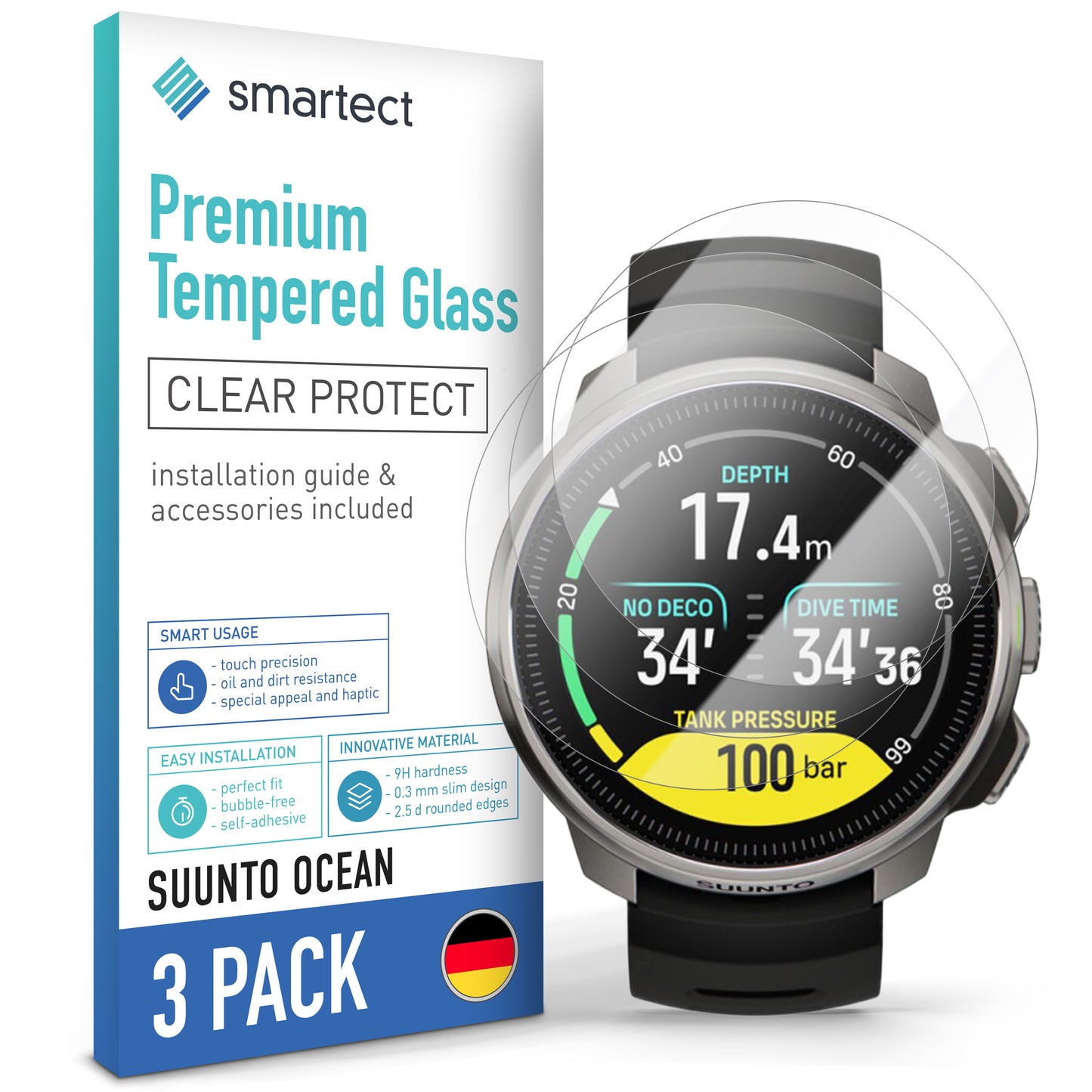 smartect Schutzglas Klar für Suunto Ocean, 3 Stück
