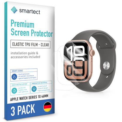 smartect TPU Screen Protector Clear for Apple Watch Series 10 46mm, 3 x Front