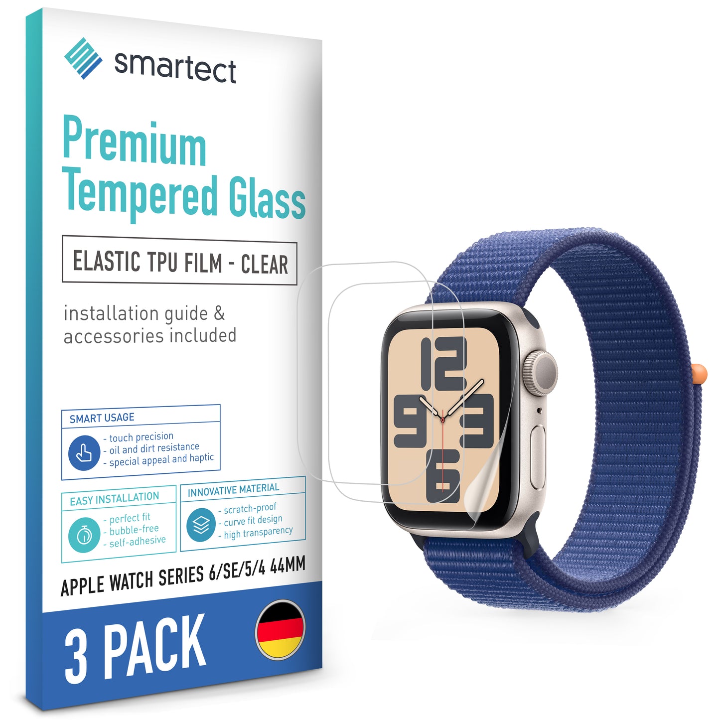 smartect TPU Schutzfolie Klar für Apple Watch Series 6 / SE / 5 / 4 44mm, 3 x Front