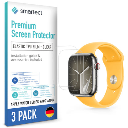 smartect TPU Screen Protector Clear for Apple Watch Series 9 / 8 / 7 41mm, 3 x Front