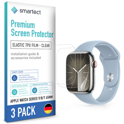 smartect TPU Screen Protector Clear for Apple Watch Series 9 / 8 / 7 45mm, 3 x Front