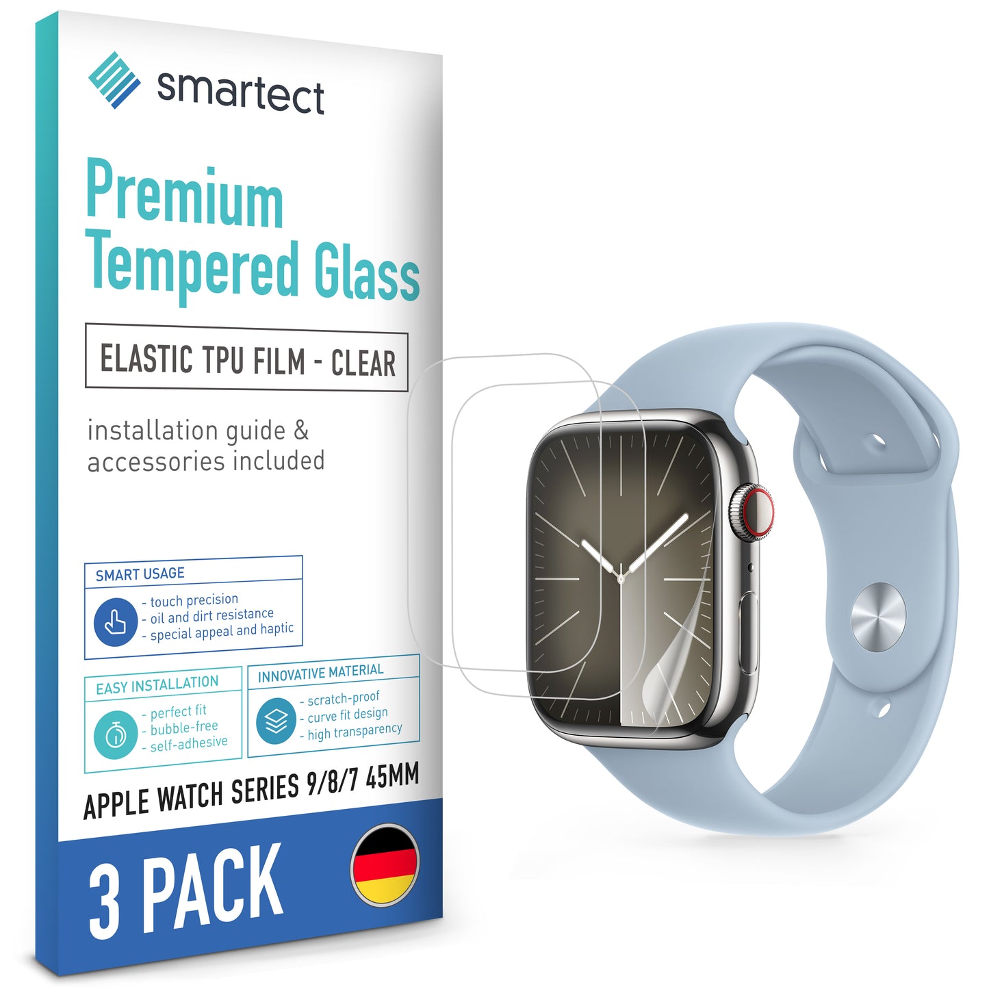 smartect TPU Schutzfolie Klar für Apple Watch Series 9 / 8 / 7 45mm, 3 x Front