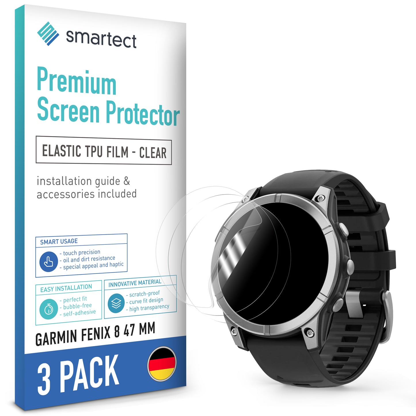 smartect TPU Screen Protector Clear for Garmin Fenix ​​8 47 mm, 3 x Front
