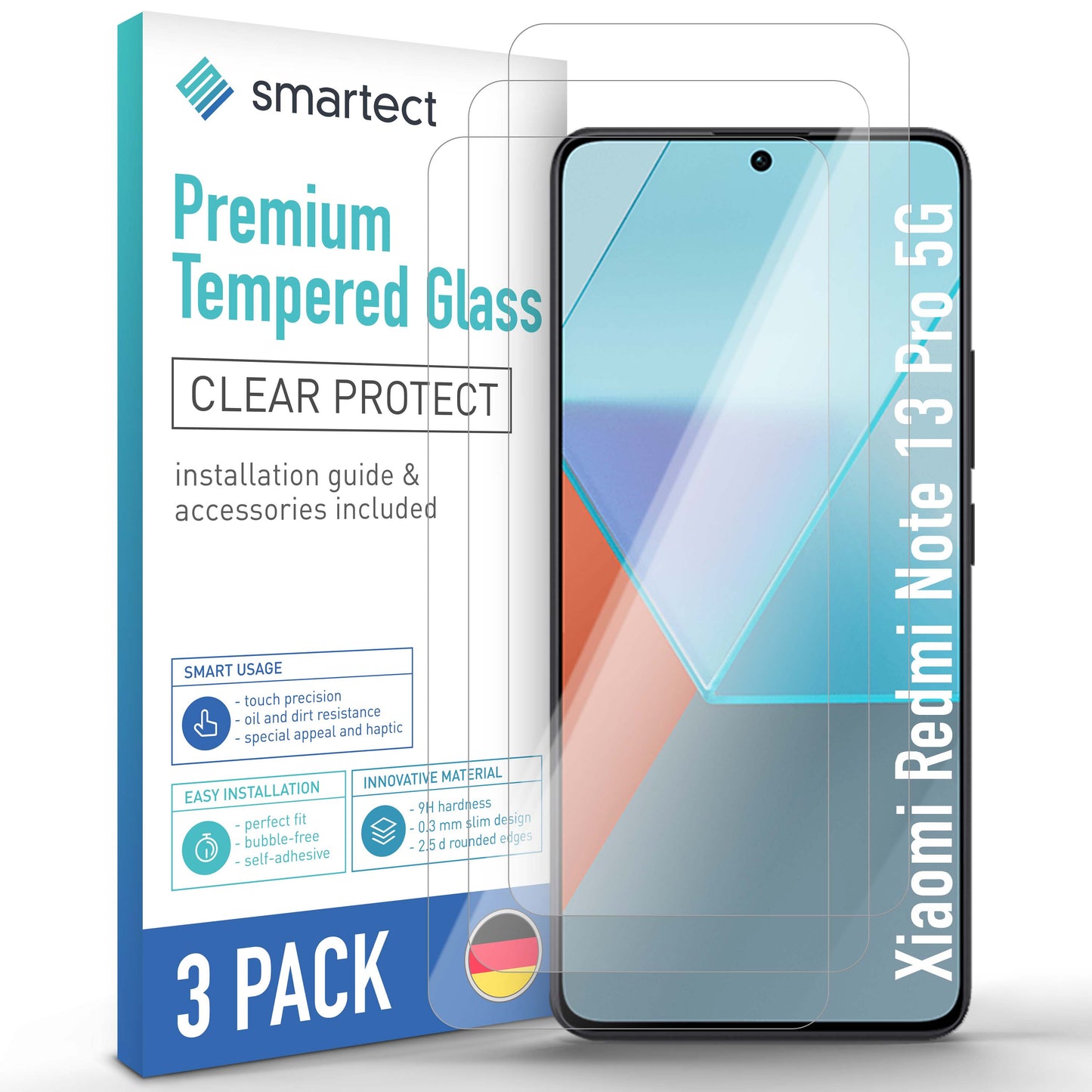 smartect Schutzglas Klar für Xiaomi Redmi Note 13 Pro 5G (NEW), 3 Stück