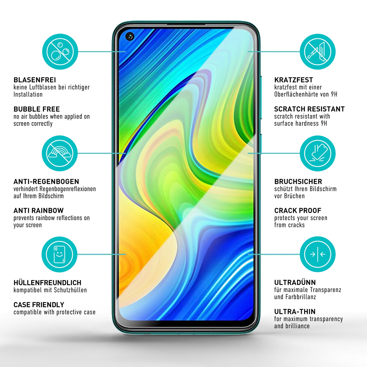 smartect Schutzglas Klar für Xiaomi Redmi Note 9, 3 Stück