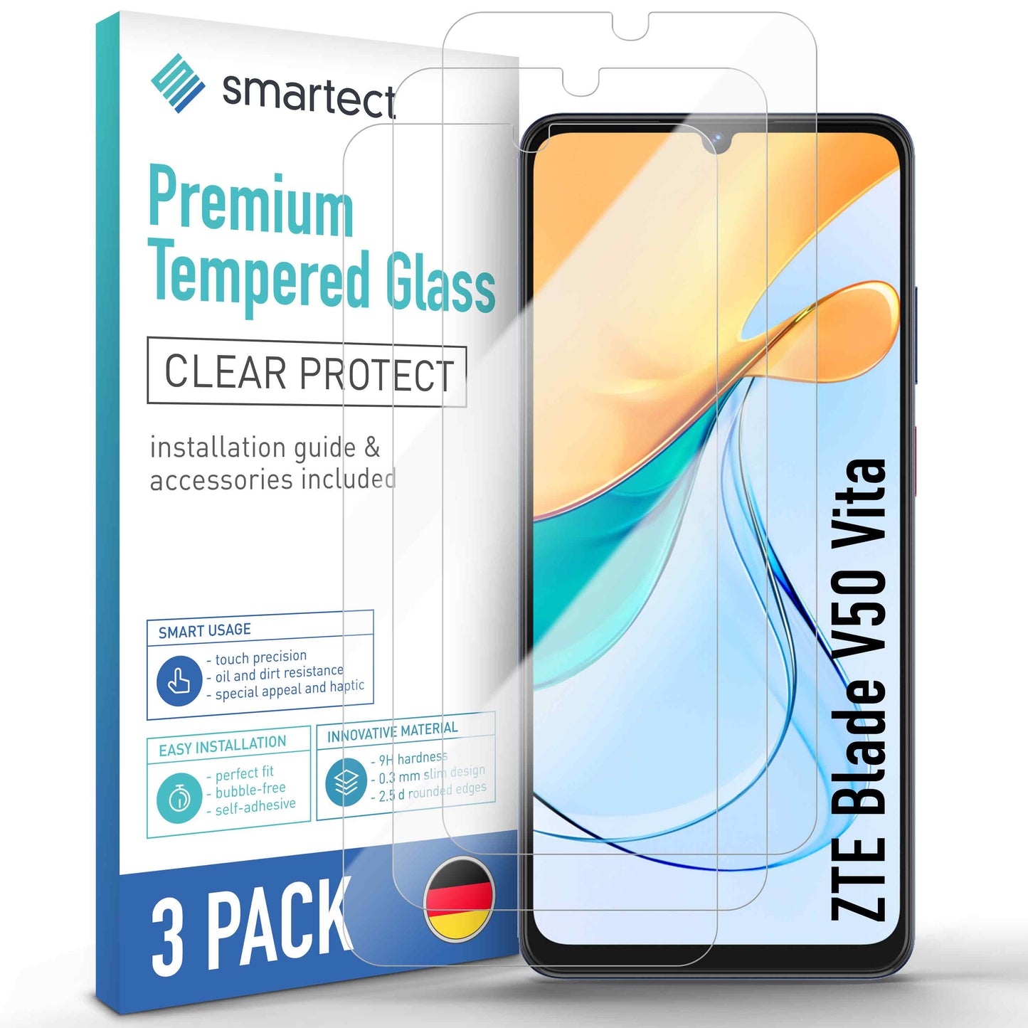 smartect Schutzglas Klar für ZTE Blade V50 Vita, 3 Stück