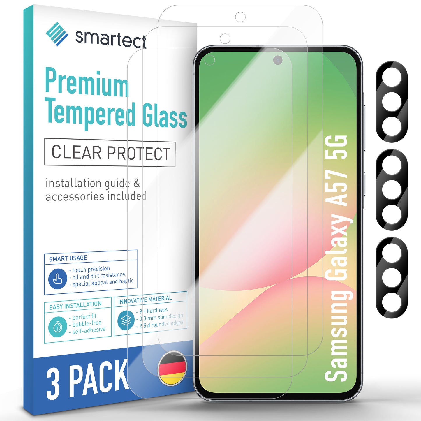 smartect Schutzglas Klar für Samsung Galaxy A57 5G, 3 x Front + 3 x Cam