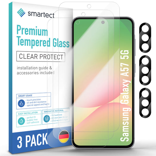 smartect Schutzglas Klar für Samsung Galaxy A57 5G, 3 x Front + 3 x Cam