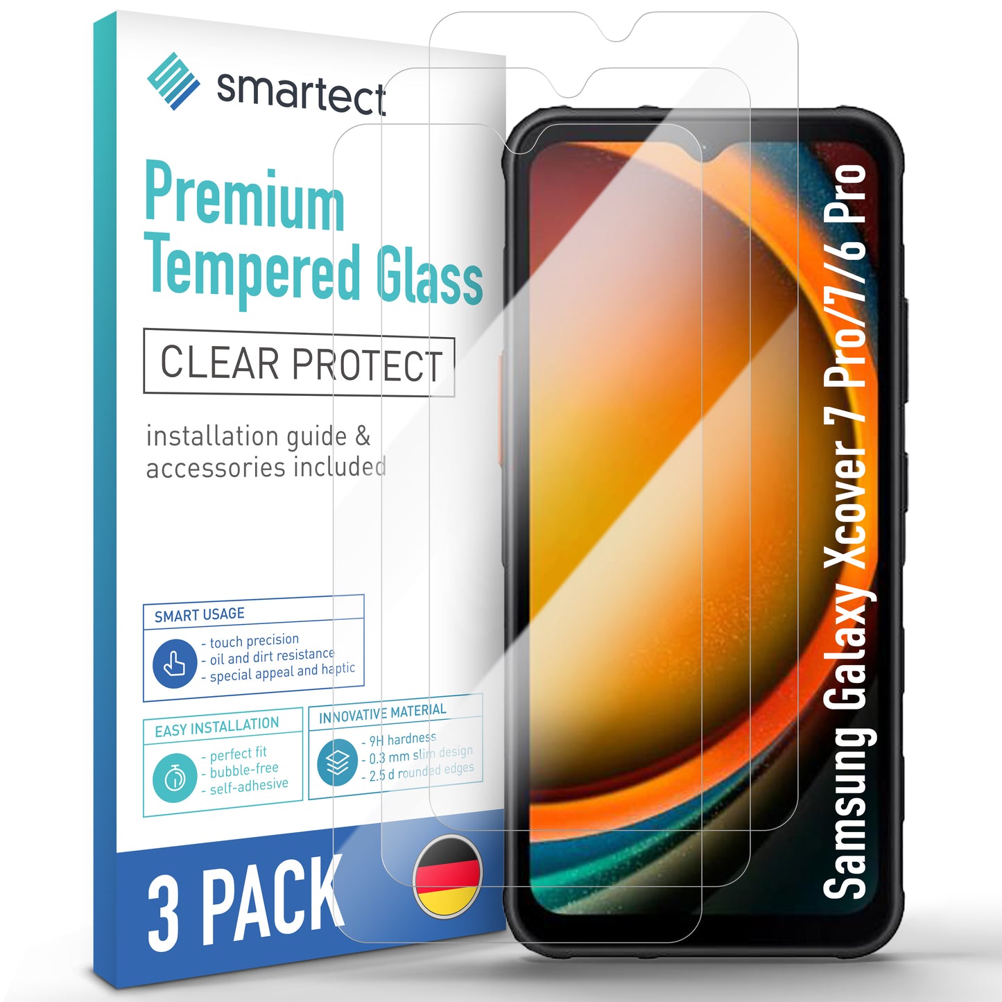 smartect Schutzglas Klar für Samsung Galaxy Xcover 7 Pro / Xcover 7 / Xcover 6 Pro (New), 3 Stück