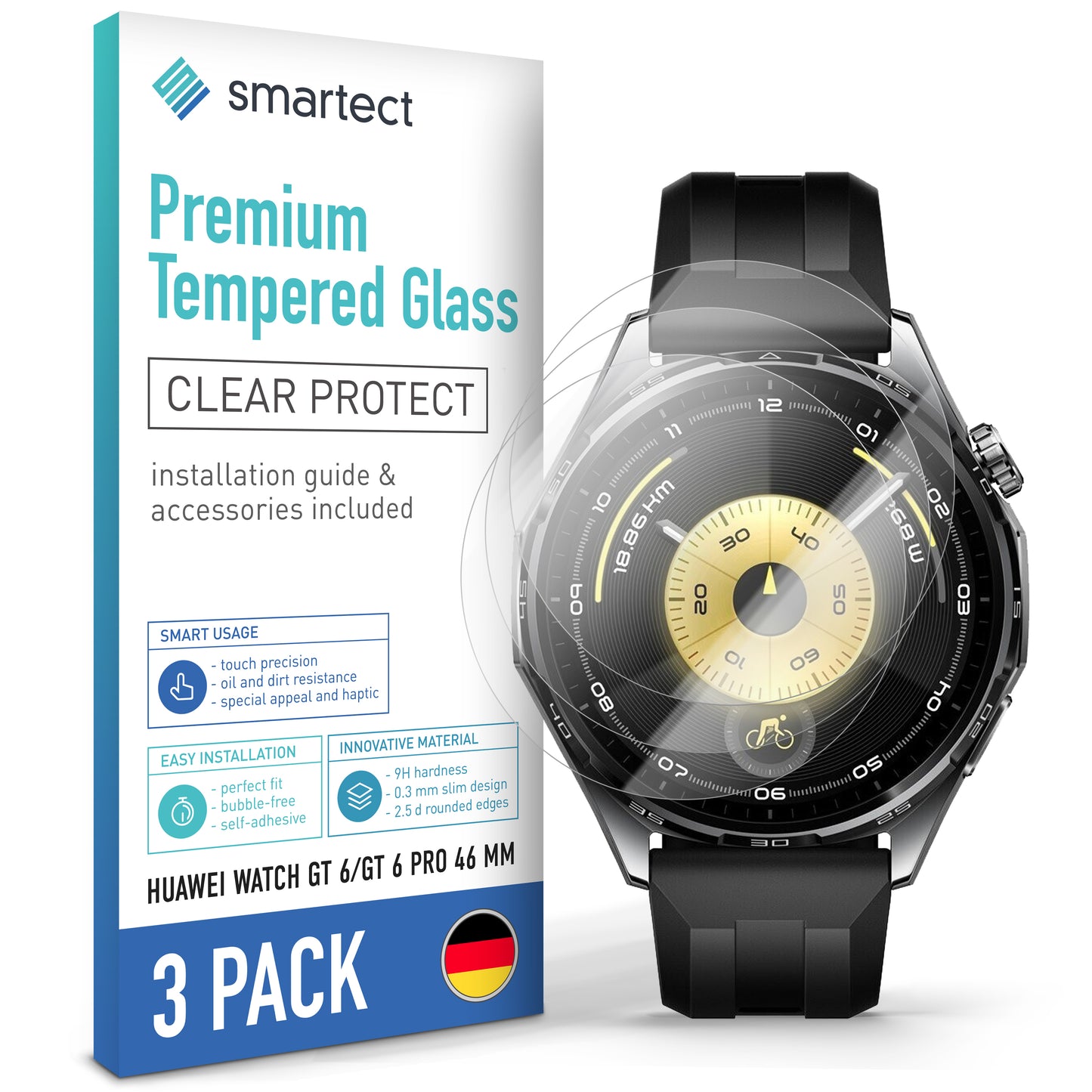 smartect Schutzglas Klar für Huawei Watch GT 6 / GT 6 Pro 46 mm, 3 Stück