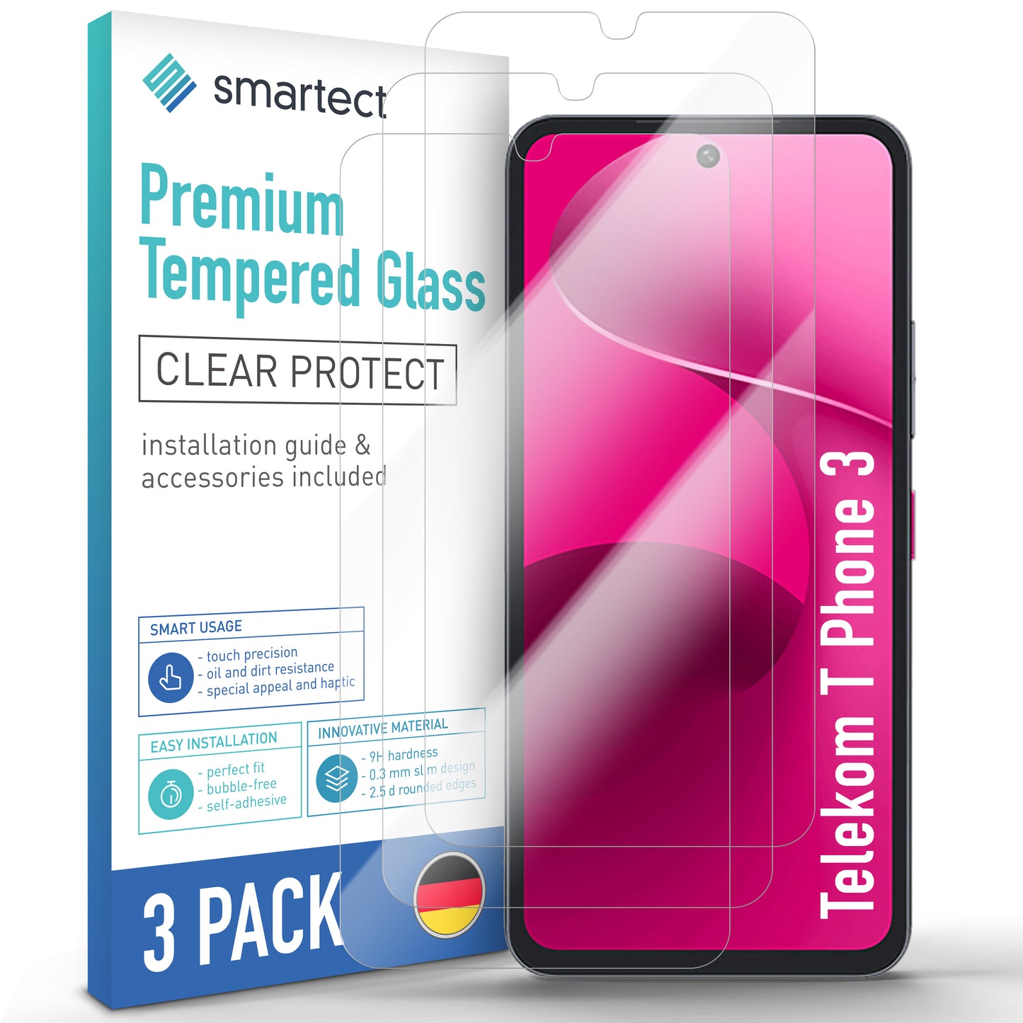 smartect Schutzglas Klar für Telekom T Phone 3, 3 Stück