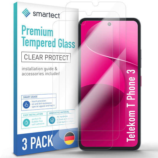 smartect Schutzglas Klar für Telekom T Phone 3, 3 Stück