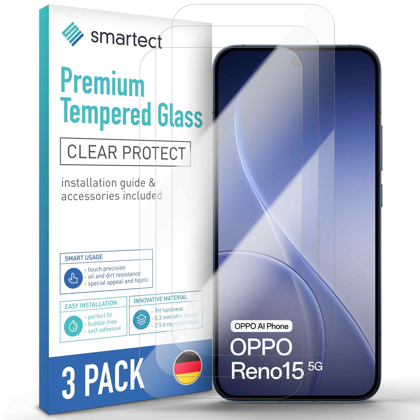 smartect Schutzglas Klar für Oppo Reno 15 5G / 14 5G, 3 Stück