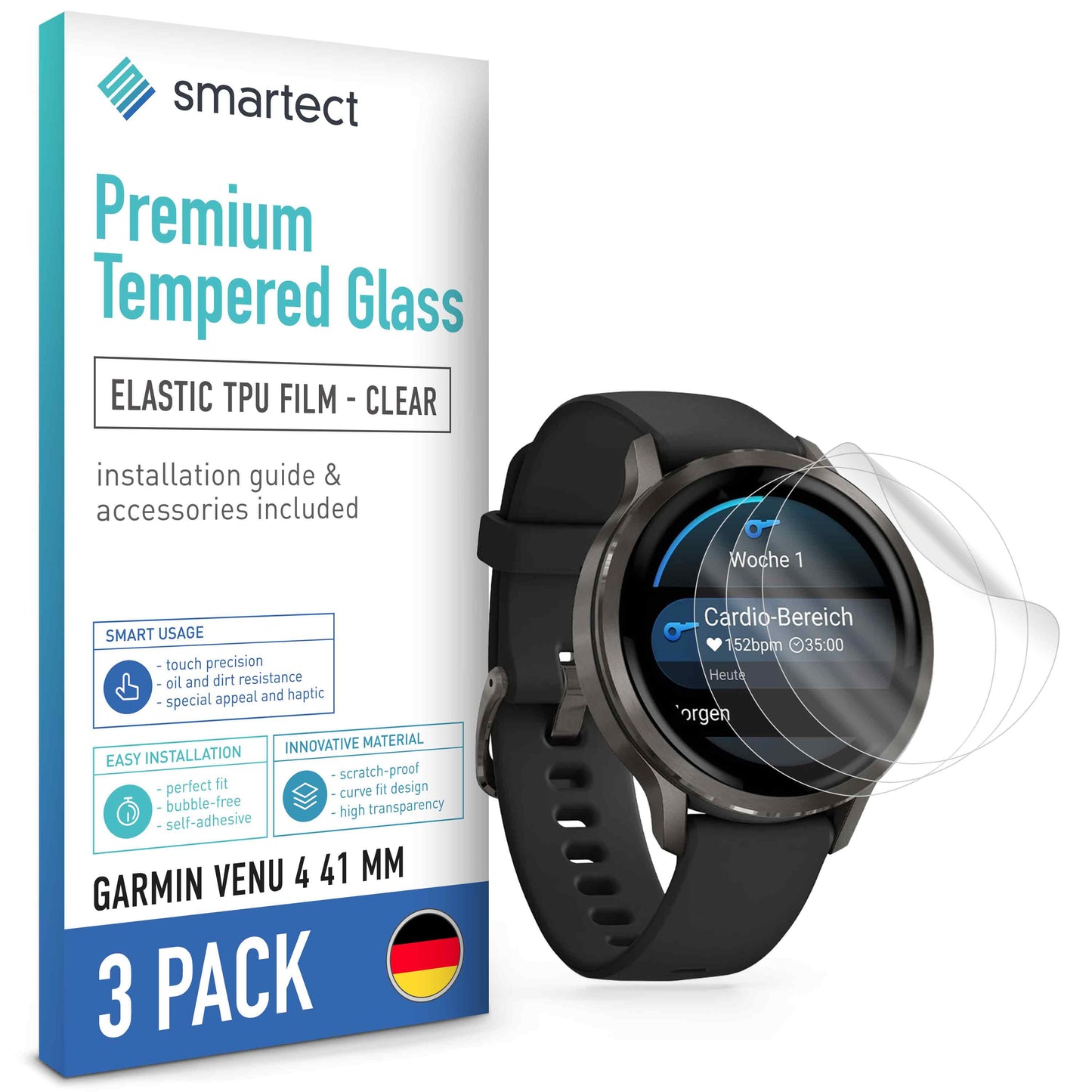 smartect TPU Schutzfolie Klar für Garmin Venu 4 41 mm, 3 x Front