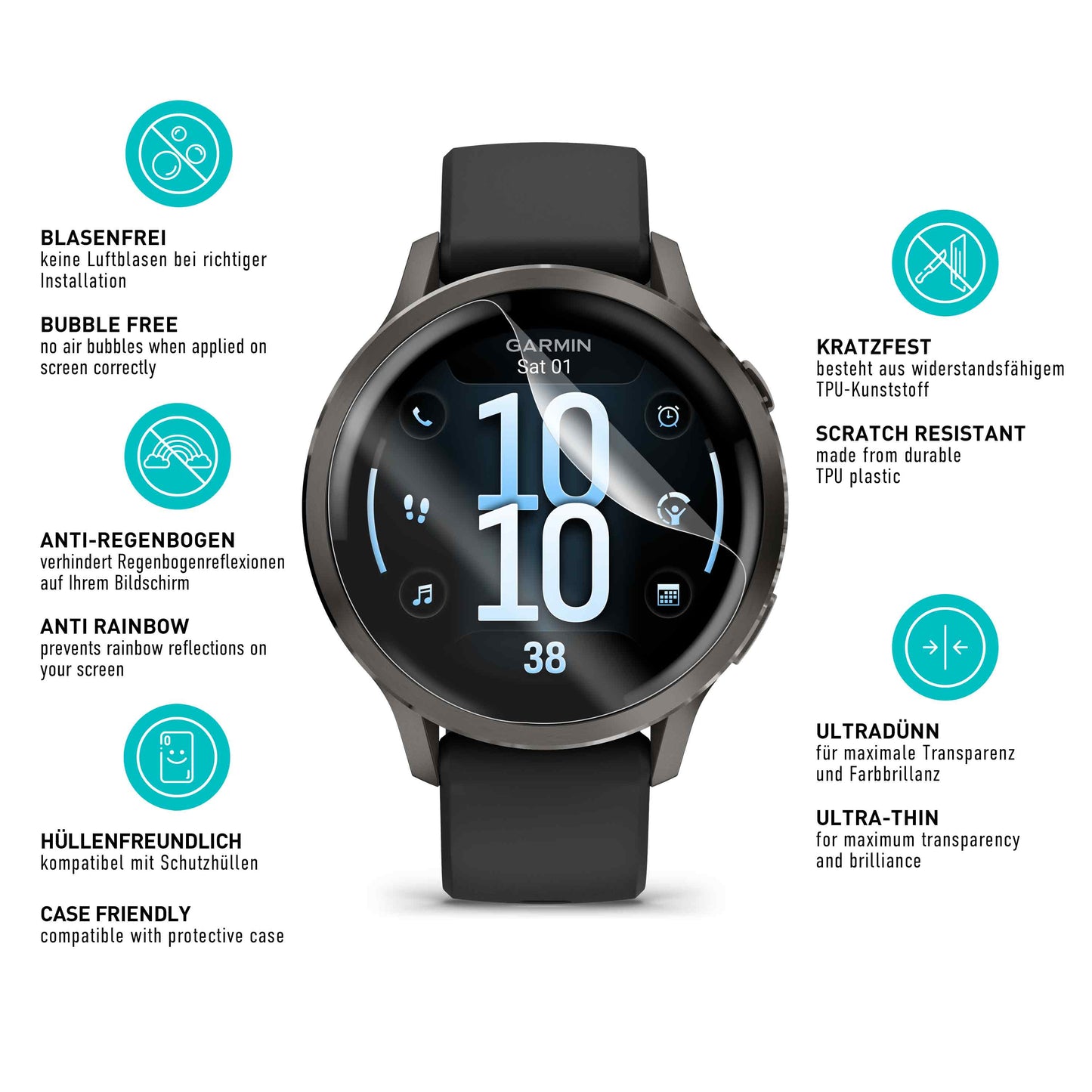 smartect TPU Schutzfolie Klar für Garmin Venu 4 41 mm, 3 x Front