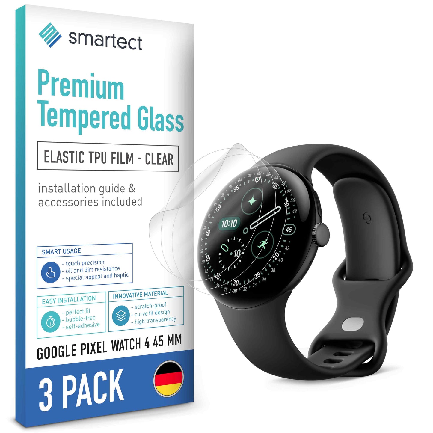 smartect TPU Schutzfolie Klar für Google Pixel Watch 4 45 mm, 3 x Front