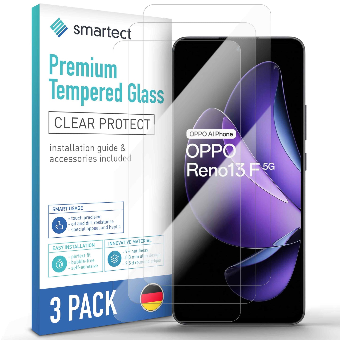 smartect Schutzglas Klar für Oppo Reno 13F 5G / 13FS 5G, 3 Stück