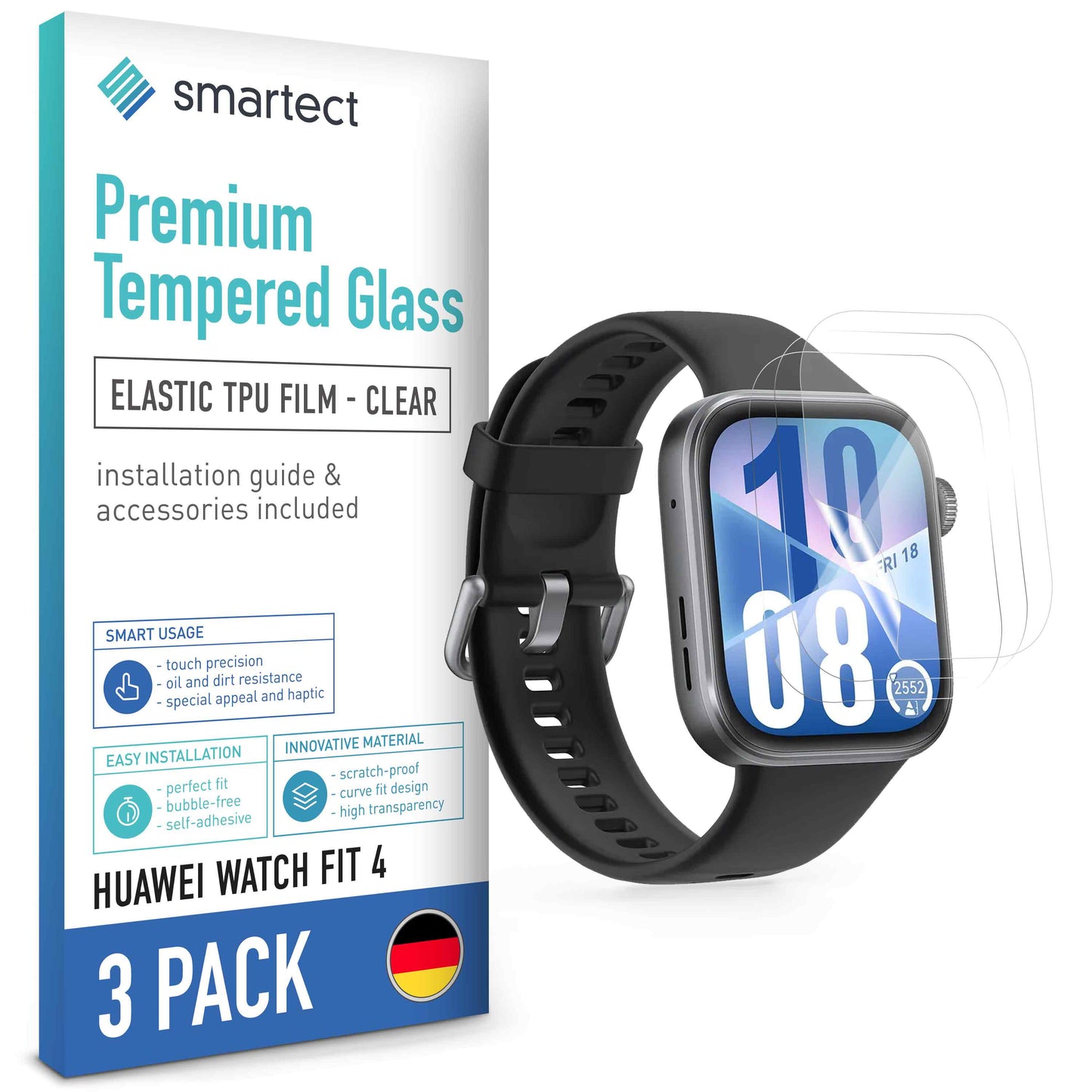 smartect TPU Schutzfolie Klar für Huawei Watch Fit 4, 3 x Front