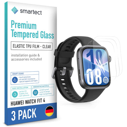 smartect TPU Schutzfolie Klar für Huawei Watch Fit 4, 3 x Front