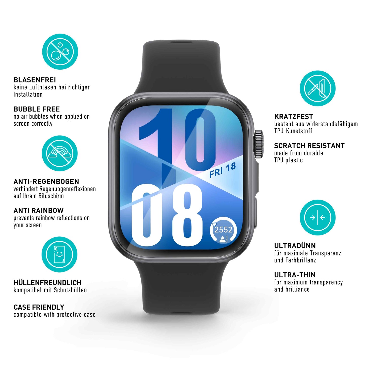 smartect TPU Schutzfolie Klar für Huawei Watch Fit 4, 3 x Front