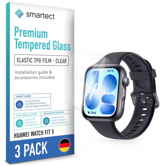smartect TPU Schutzfolie Klar für Huawei Watch Fit 5, 3 x Front