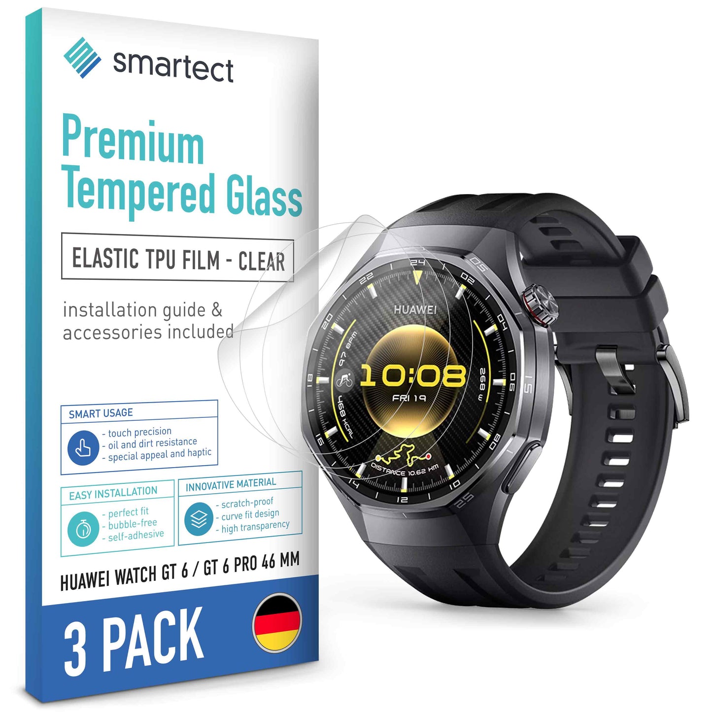 smartect TPU Schutzfolie Klar für Huawei Watch GT 6 / GT 6 Pro 46 mm, 3 x Front