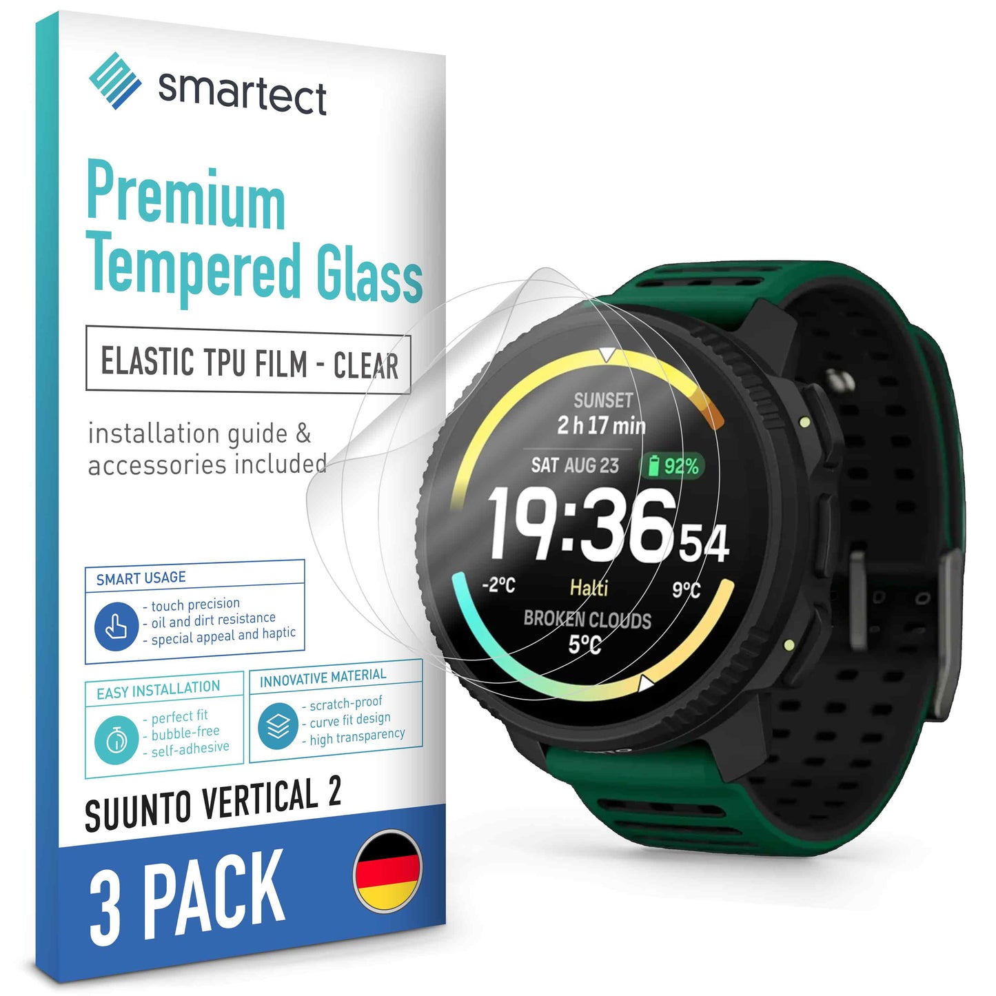 smartect TPU Schutzfolie Klar für Suunto Vertical 2, 3 x Front