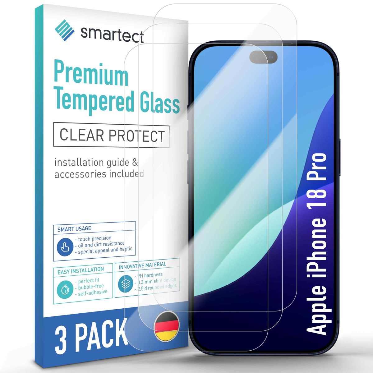 smartect Schutzglas Klar für Apple iPhone 18 Pro, 3 Stück