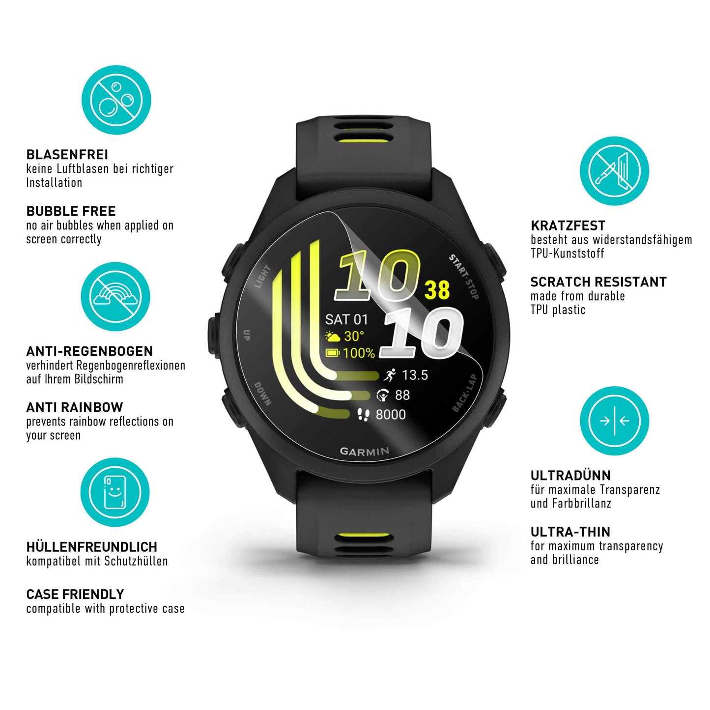 smartect TPU Schutzfolie Klar für Garmin Forerunner 70 / 170 / 170 Music, 3 x Front