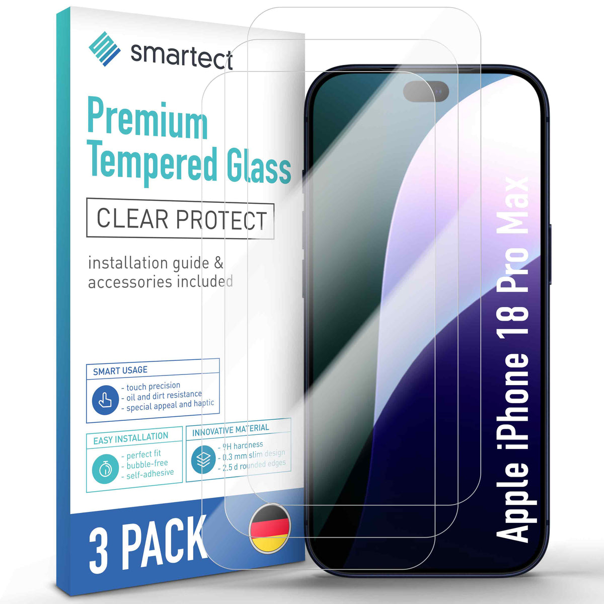 smartect Schutzglas Klar für Apple iPhone 18 Pro Max, 3 Stück