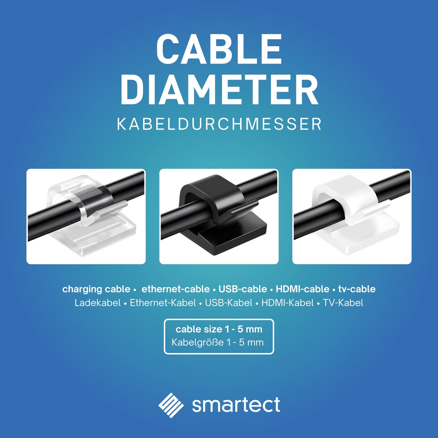 smartect Kabelclip selbstklebend 1,5x1,5 cm zum befestigen von USB-, Strom- und Ladekabeln, 50 Stück