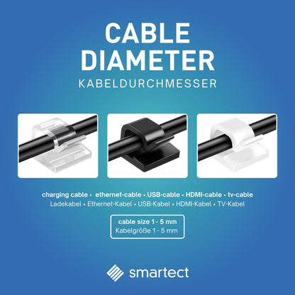 smartect Kabelclip selbstklebend 1,5x1,5 cm zum befestigen von USB-, Strom- und Ladekabeln, 50 Stück